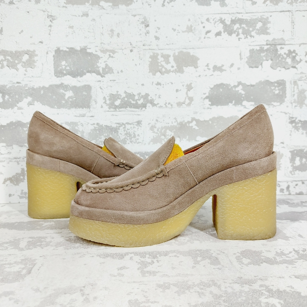 Marc Fisher Taupe Suede Platform Loafers with Yellow Crepe Sole - Picture 4 of 11